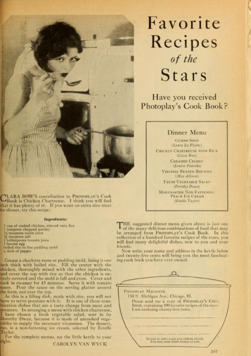 Clara Bow, Favorite Recipes of the Stars (Photoplay)