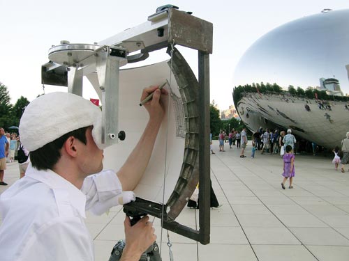 Man Draws on a Curved Easel