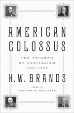 The cover of the book, American Colossus: The Triumph of Capitalism', which features photo of American capitalists Cornelius Vanderbilt, Andrew Carnegie, John D. Rockefeller, 
and Pierpont Morgan