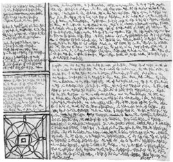 A page of microscript, a tiny scrawl that covers the page illegibly.