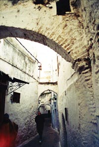 Narrow archways span a twisting alley every thirty feet or so. The walls are whitewashed, and the two-story walls admit little direct sunlight. A lone man walks down the alley, clad in black.