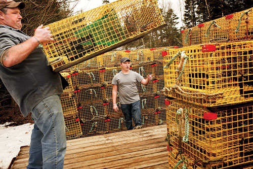 Rick Trundy and son, Nick, load traps onto their trailer.