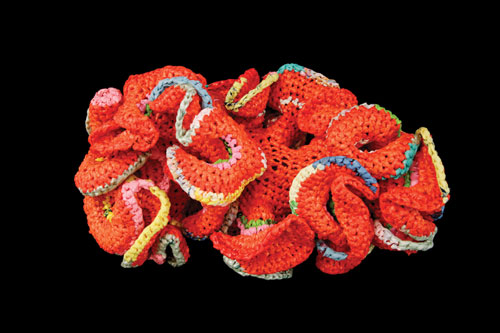 Hyperbolic coral crocheted from plastic shopping bags by Siew Chu Kerk.