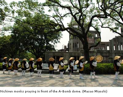 Nichiren monks praying in front of the A-Bomb dome.
