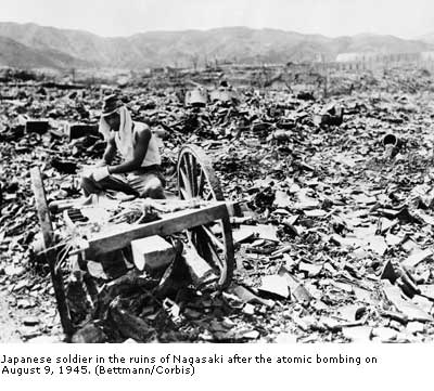 Japanese soldier in the ruins of Nagasaki after the atomic bombing on August 9, 1945.
