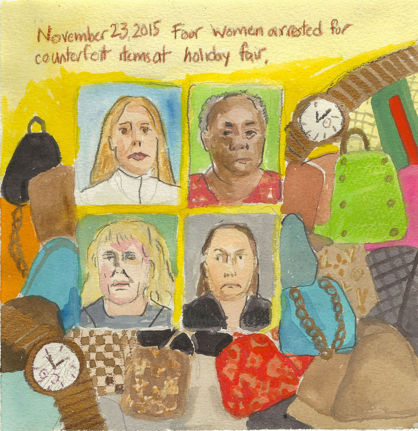 Day 2  (Nov. 23, 2015)<br>Watercolor, gouache, graphite, color pencil on paper, 7 x 6 in.<br><i>Four women arrested for counterfeit items at holiday fair.</i>