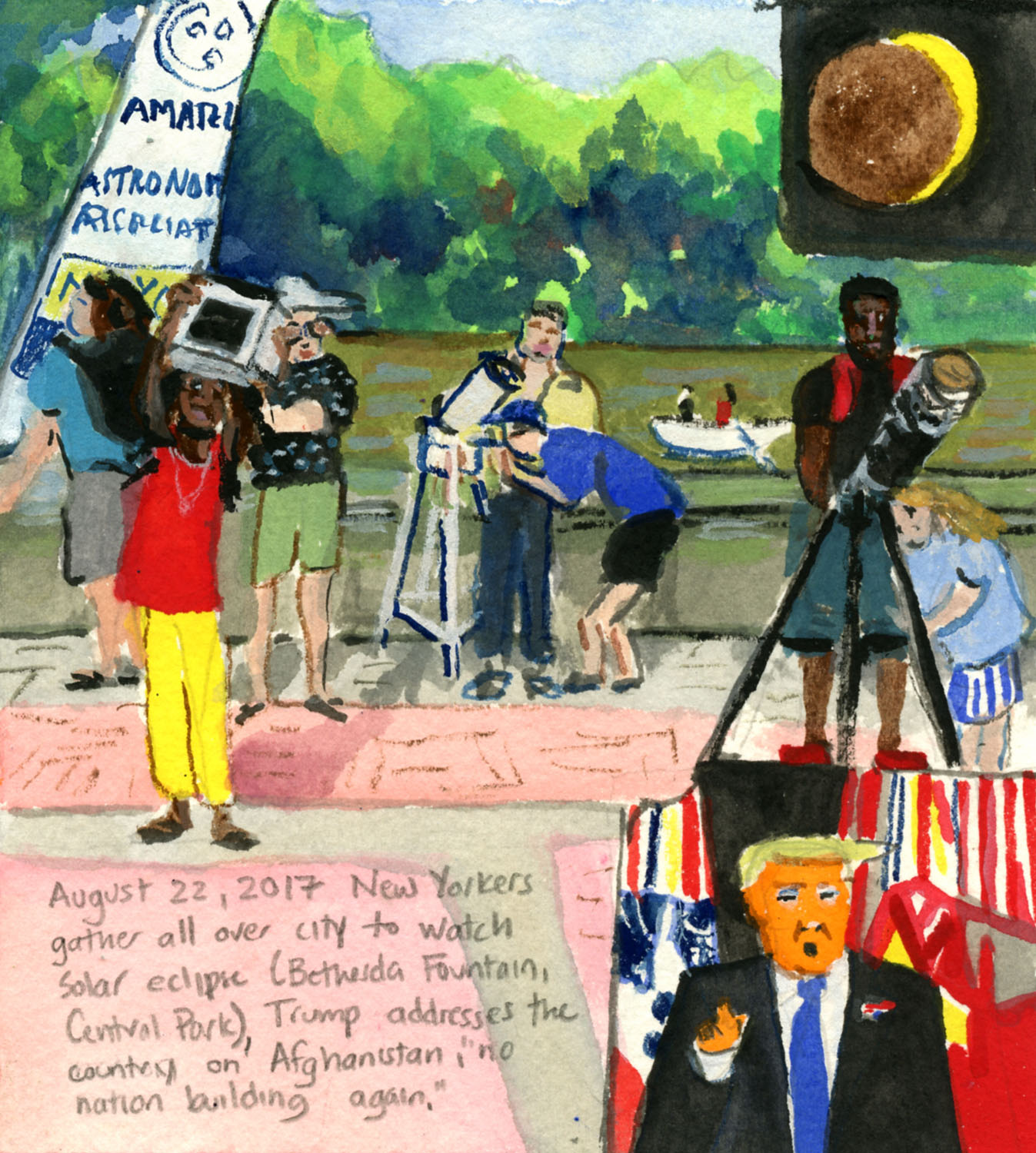 Day 640 (Aug. 22, 2017) <br>Watercolor, gouache, graphite on paper, 6 x 5 ½ in. <br><i>New Yorkers gather all over city to watch solar eclipse (Bethesda Fountain, Central Park), Trump addresses the country on Afghanistan, “no nation building again.”</i>