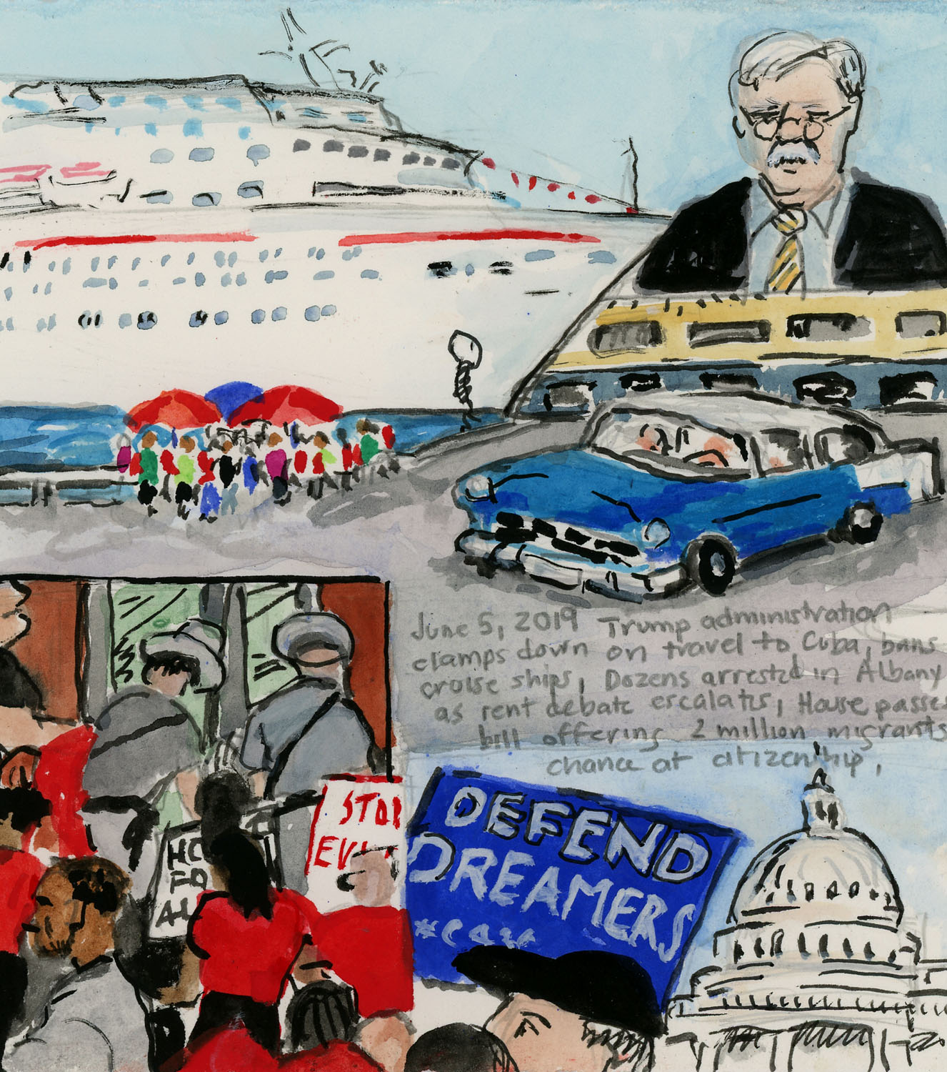 Day 1,292 (June 5, 2019)<br>Ink, gouache, Watercolor, graphite on paper, 6 x 5 ½ in. <br><i>Trump administration clamps down on travel to Cuba, bans cruise ships, Dozens arrested in Albany as rent debate escalates, House passes bill offering 2 million migrants a chance at citizenship.</i> 
