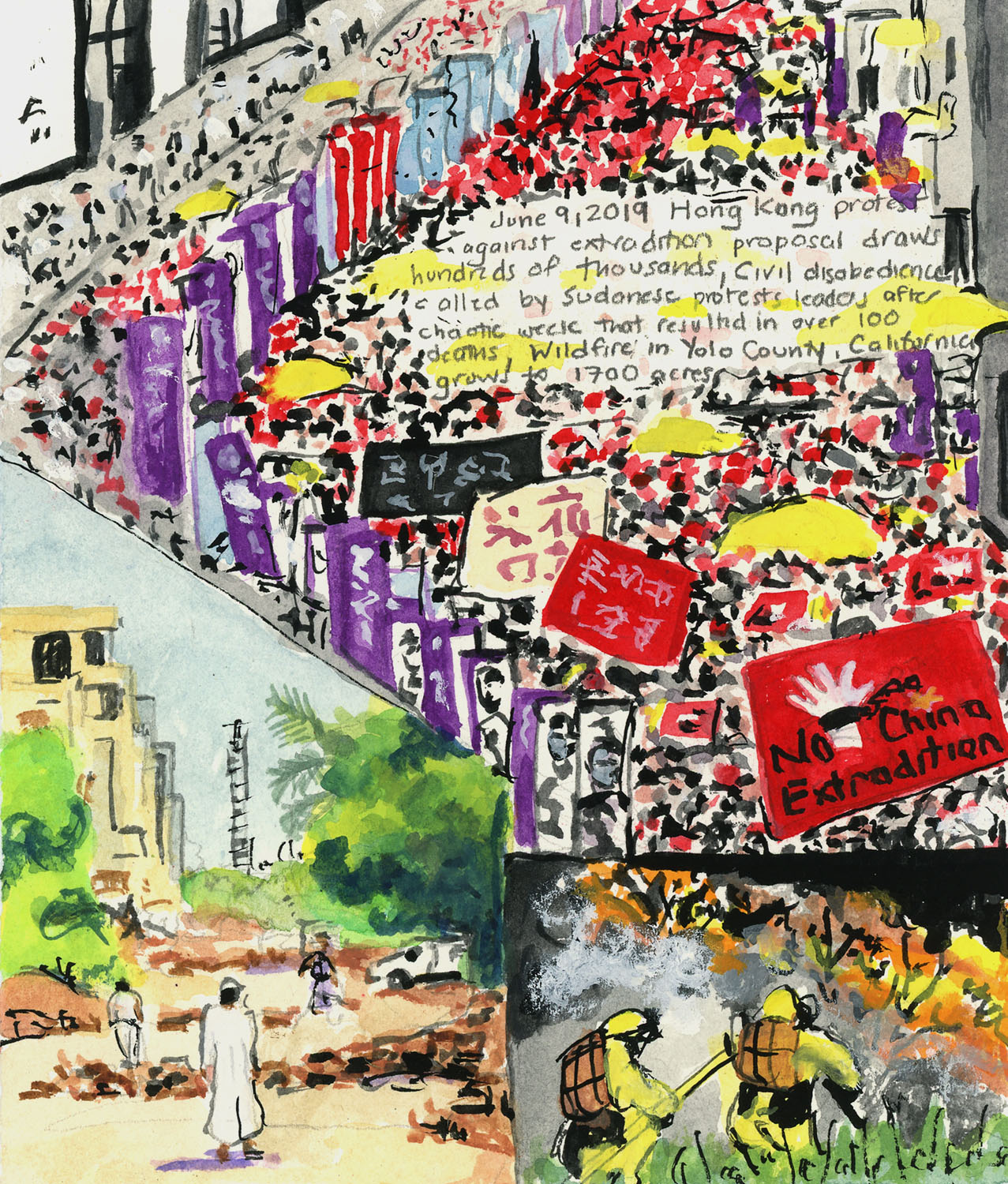 Day 1,296 (June 9, 2019) <br>Casein, gouache, Watercolor, graphite on paper, 7 x 6 in.<br><i>Hong Kong protest against extradition proposal draws hundreds of thousands, Civil disobedience called by Sudanese protest leaders after chaotic week that resulted in over 100 deaths, Wildfire in Yolo County, California grows to 1700 acres.</i>