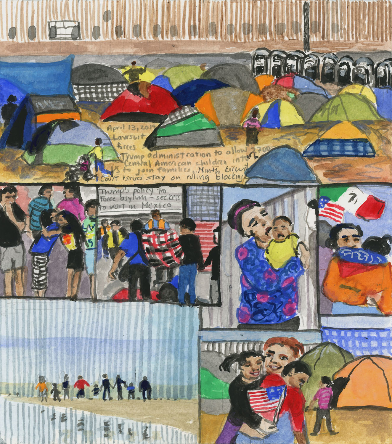 Day 1,239 (April 13, 2019)<br>Gouache, Watercolor, graphite on paper, 8 x 7 ¼ in.<br><i>Lawsuit forces Trump administration to allow 2,700 Central American children into the US to join families, Ninth Circuit Court issues stay on ruling blocking Trump’s policy to Force asylum-seekers to wait in Mexico.</i>