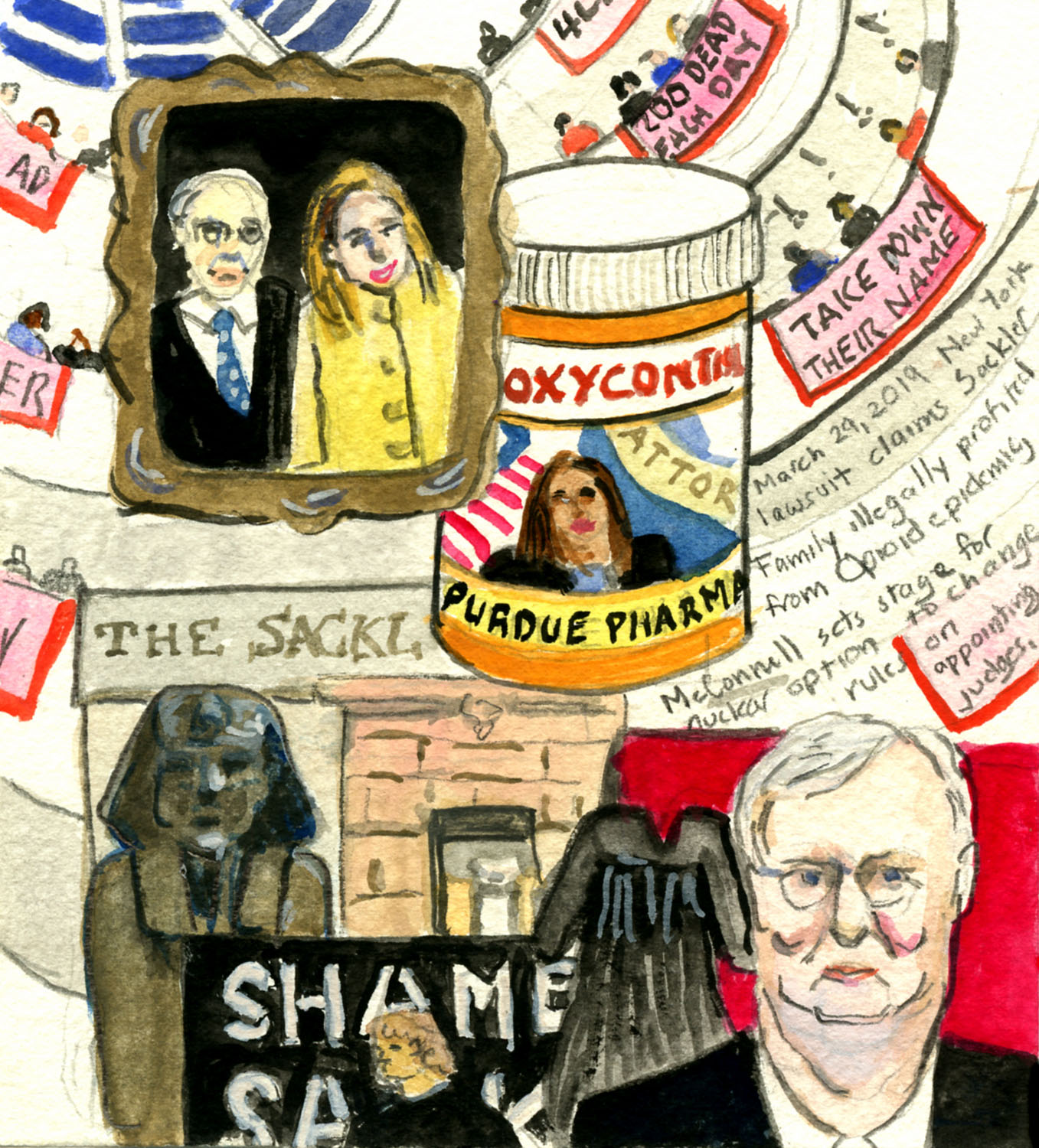 Day 1,224 (March 29, 2019)<br>Casein, gouache, Watercolor, graphite on paper, 6 x 5 ½ in.<br><i>New York lawsuit claims Sackler Family illegally profited from Opioid epidemic, McConnell sets stage for nuclear option to change rules on appointing judges.</i>