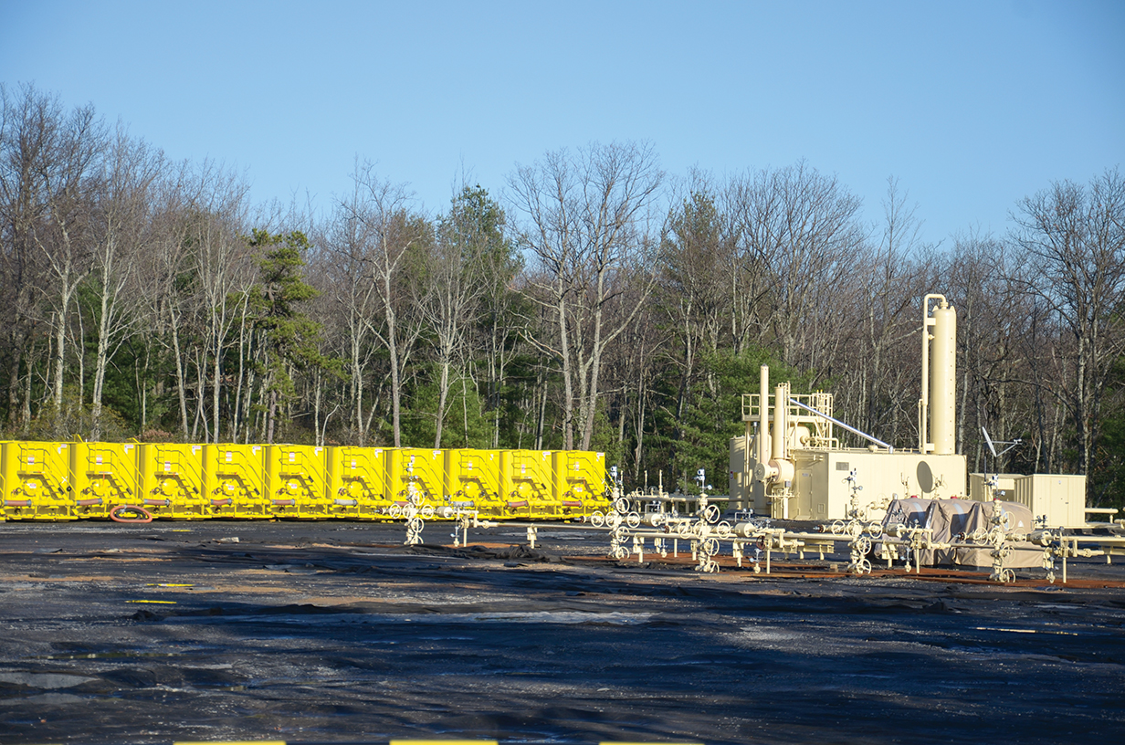 The shale gas boom in Pennsylvania has resulted in drilling in the midst of agricultural, forest, and even residential areas. Well pads, such as this one, are common.