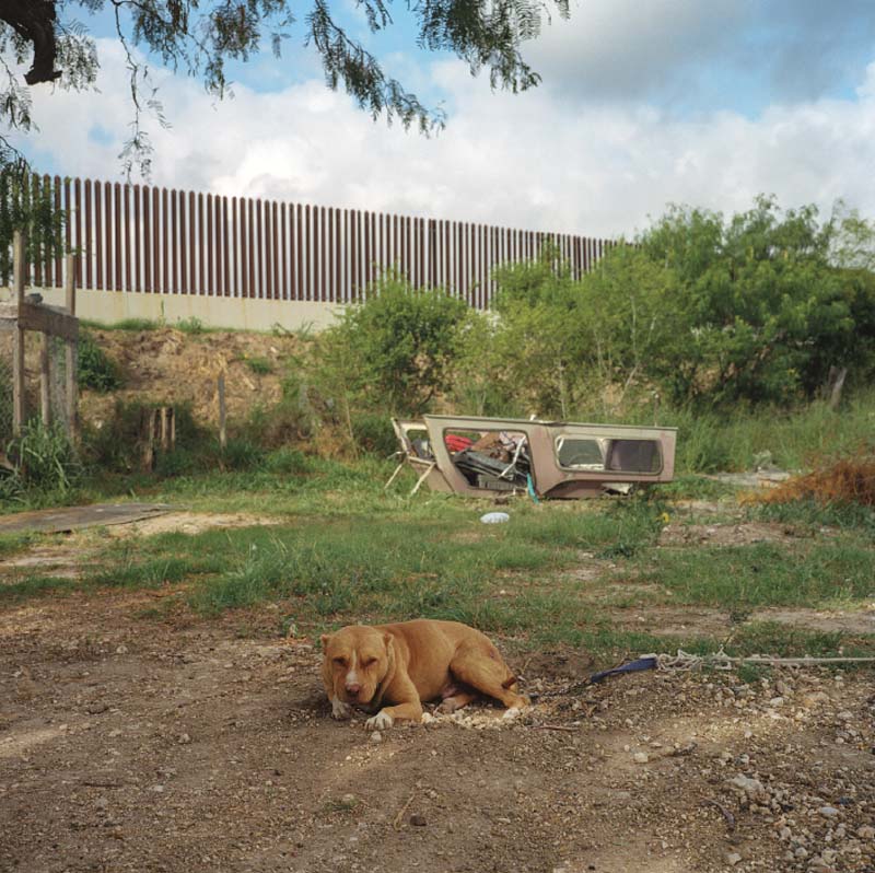 A guard dog rests while laundry dries in a backyard along the border, just south of Harlingen, Texas.
