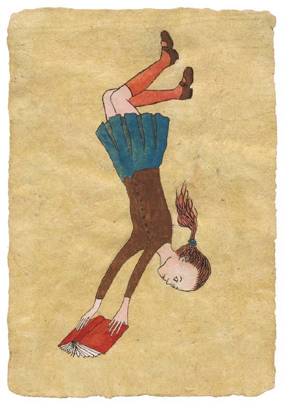 Falling ​(2004). Ink and gouache on handmade paper. 8 x 5.5". Collection of Mary Jean Thomson, Riverwoods, IL.