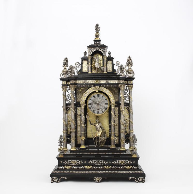 <b>Clock</b>, circa 1890<br>Makers: Elias Kreitmayer &amp; Matthias Walbaum <br>Silver and gilded silver, ebonised wood, inlaid with mother-of-pearl and ivory, glass<br>(© The Rosalinde and Arthur Gilbert Collection on loan to the Victoria and Albert Museum. London.)