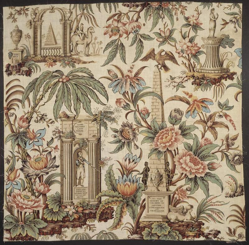 Cotton fabrics printed with landscape figures offered Cole strategies for composing paintings that do more than simply depict scenery. This block-printed chintz design by John Bury, printed in Lancashire, England circa 1806–1807, celebrates the heroism of Admiral Horatio Nelson. (Courtesy of the Victoria & Albert Museum, t.98-1959)