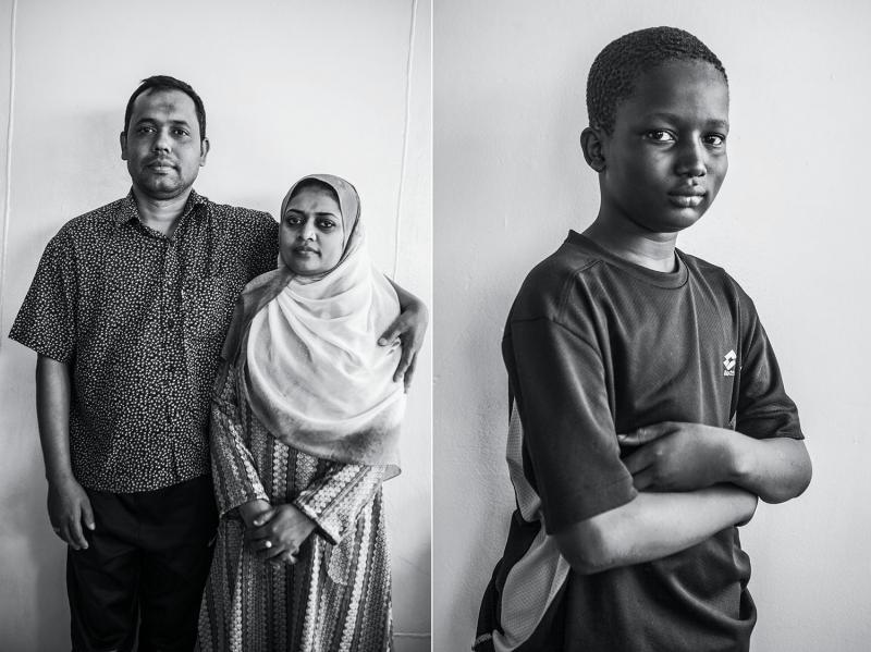 (L): Monir Uzzaman, thirty-seven, and his wife, Sazima, thirty-five, both nurses from Bangladesh by way of Libya. (R): Ibrahima Abprey, twelve, from Sierra Leone.