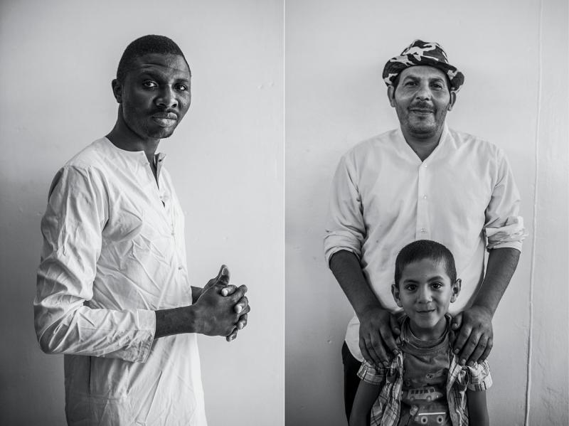 (L): Folly, twenty-seven, a baker from Nigeria. (R): Ahmed Ali, forty, a tile manufacturer, with his son, Usama, six, from Syria.
