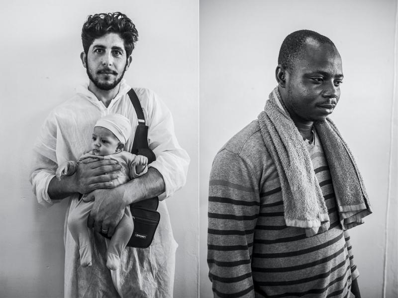 (L): Khalid Aljabawe, twenty-seven, and his son, from Syria. (R): Joef Ekene, twenty-four, a tiler from Nigeria.