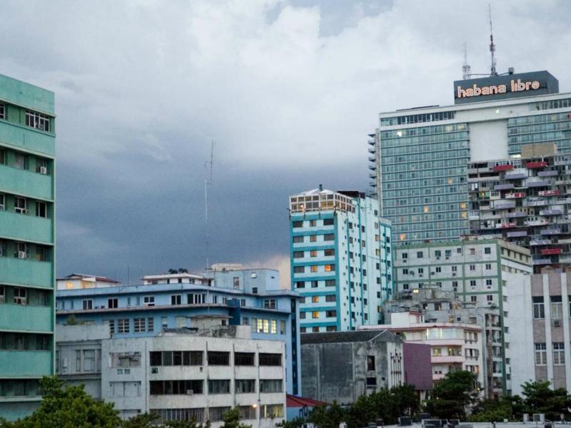 A stormy sky over the Havana Libre hotel in downtown Havana.