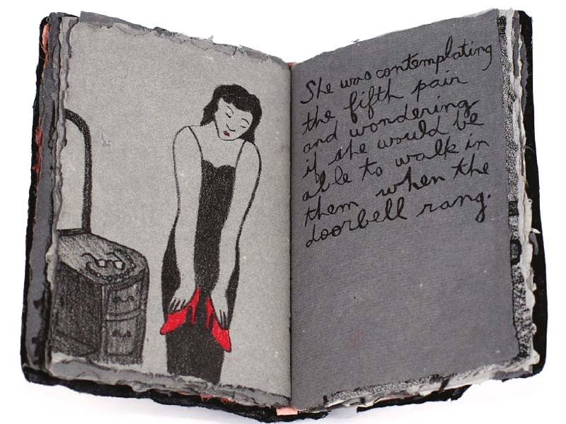 Spring​ (2004). Artist’s book, lithographs on handmade cotton and abaca paper, carbon and antique silver pigment, colored pencils, and acrylic paint. 6 x 4" (book); 6 x 8" (lithographs). Collection of Audrey Niffenegger, Chicago. Collaboration with Marilyn Sward.