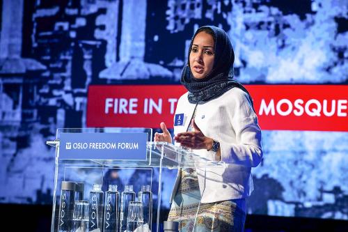 Al-Sharif delivering her historic speech in May 2012 at the Oslo Freedom Forum. She was honored at the event with the Vaclav Havel Prize for Creative Dissent. (Oslo Freedom Forum)