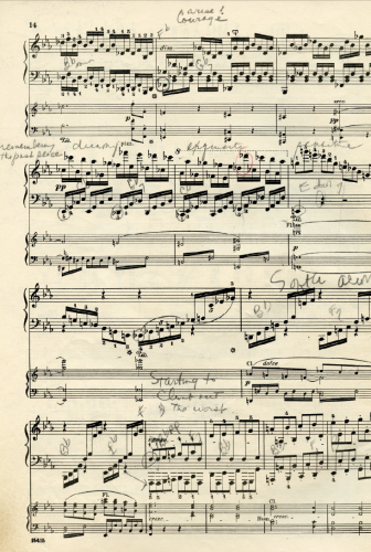 A page from Beethoven’s Concerto No. 5 for piano, pulled from the stack that sits atop the Baer family Steinway grand.