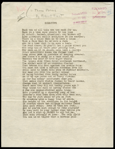 The first manuscript page of Robert Frost's poem "The Directive," which was published in the Winter 1946 issue of VQR. (The VQR Archives in the Albert and Shirley Small Special Collections Library at the University of Virginia)