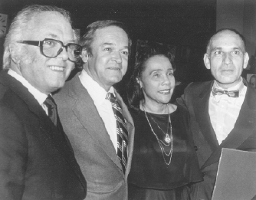 Lord Richard "Dickie" Attenborough,  Frank Price, Coretta Scott King, and Ben Kingsley, at the Ghandi premiere event, Atlanta, 1982. (Courtesy of Frank Price)