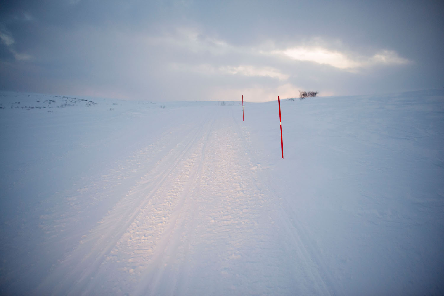 The road to the Russian border, which lies just over the horizon line. East of Kirkenes, Norway, January, 2020.