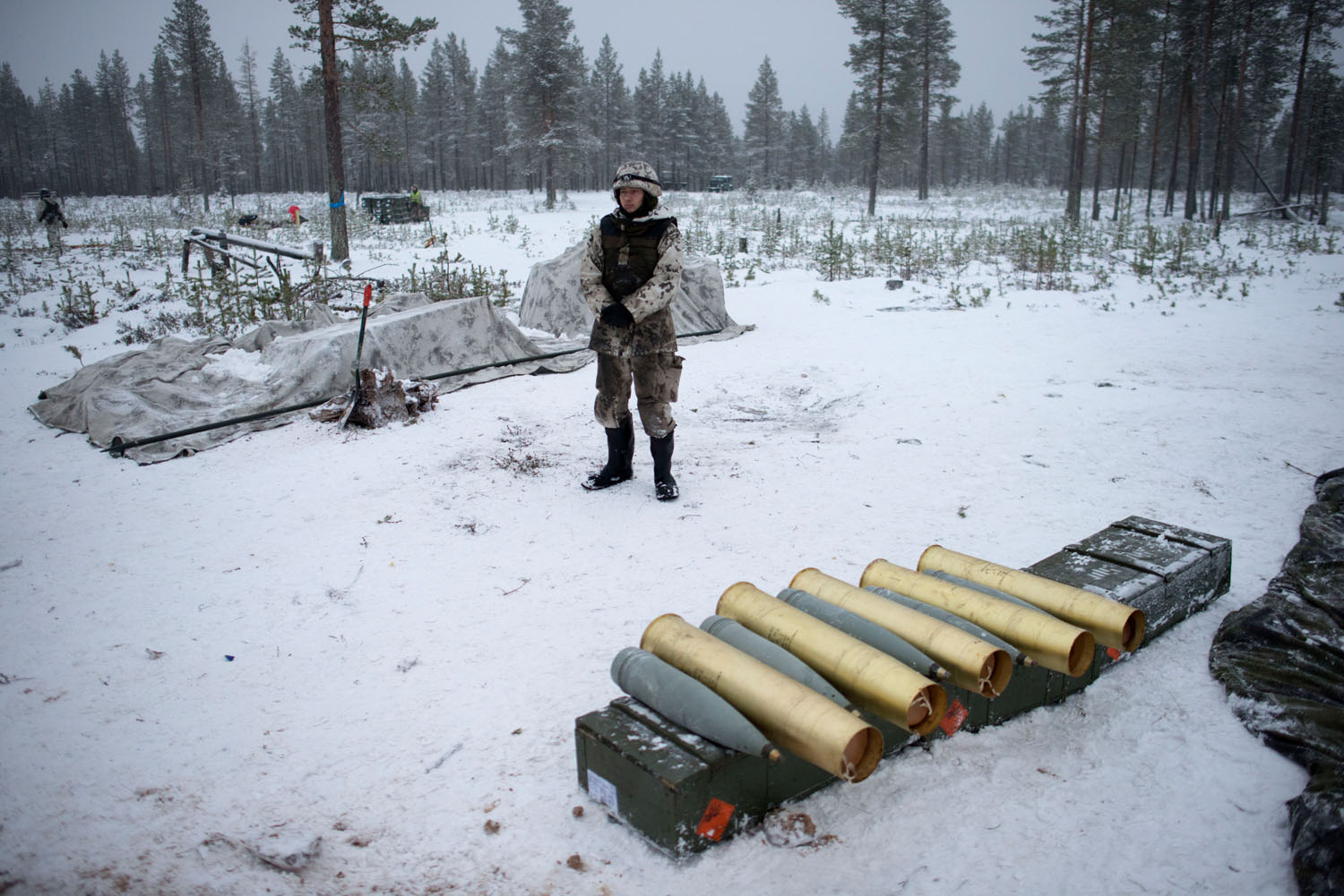 Artillery shells prepared for live-fire exercises. Rovajärvi, Finland, December, 2018.