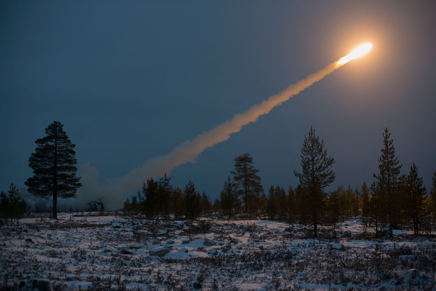 A rocket fired from a HIMARS launcher during live-fire exercises. Rovajärvi, Finland, December, 2018.