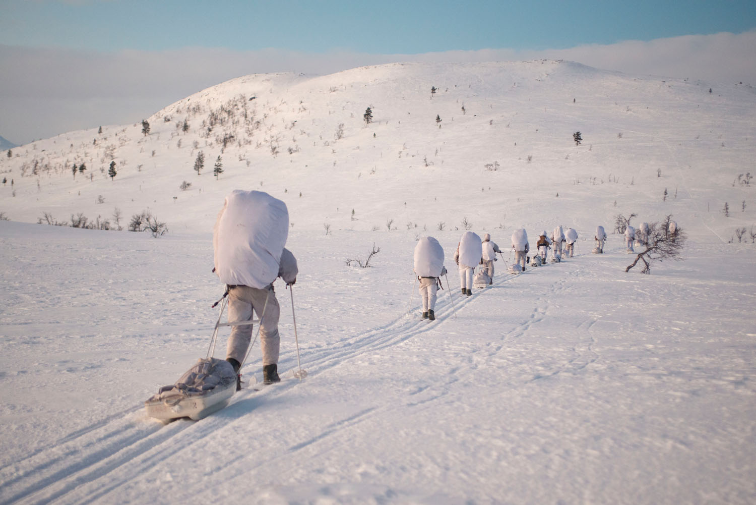 Norwegian soldiers practicing how to move and set up camp. Øversjødalen, Norway, January, 2020.