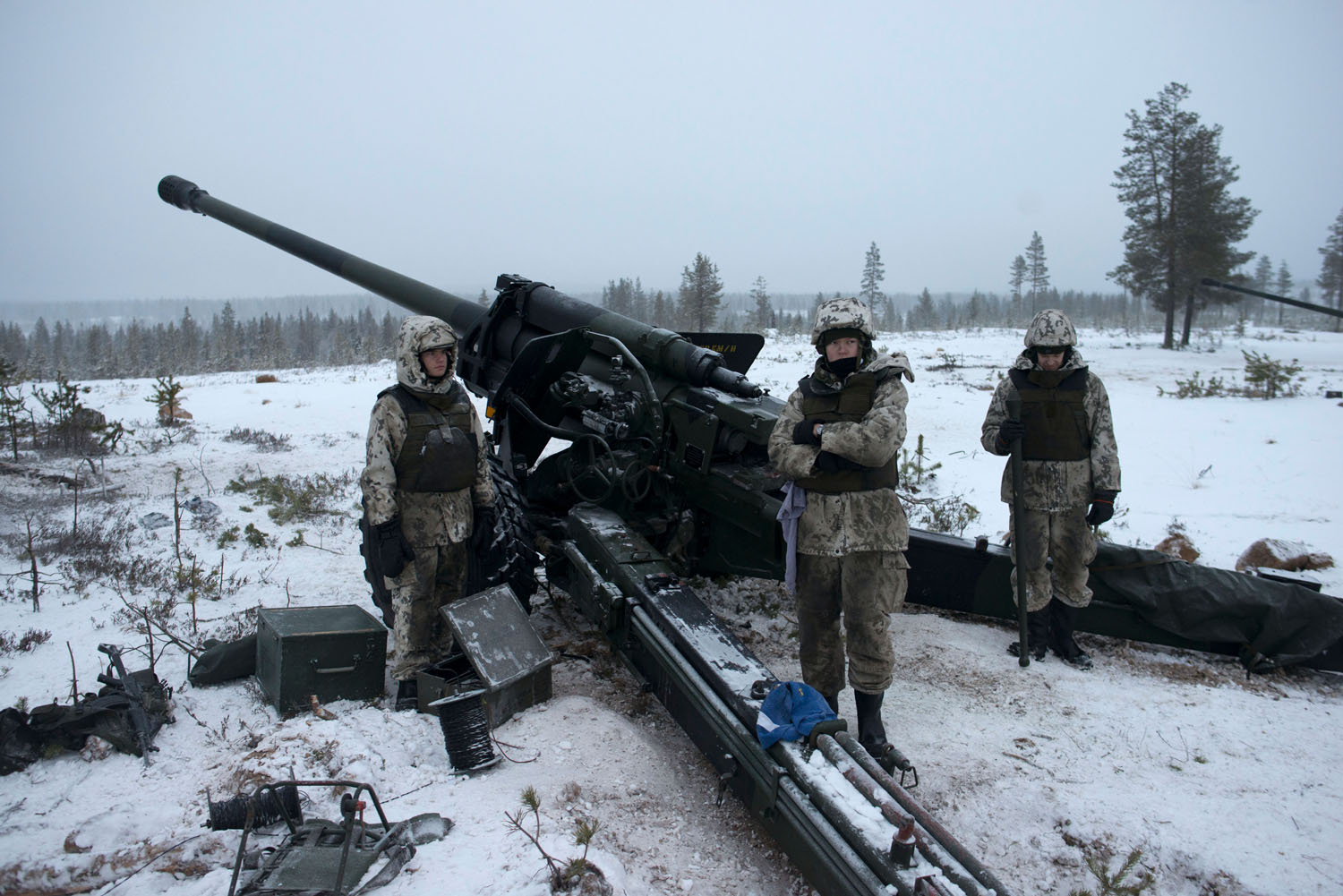 Finnish soldiers participate in a live-fire exercise on Rovajärvi, the largest artillery range in Western Europe. Lapland, Finland, December, 2018.