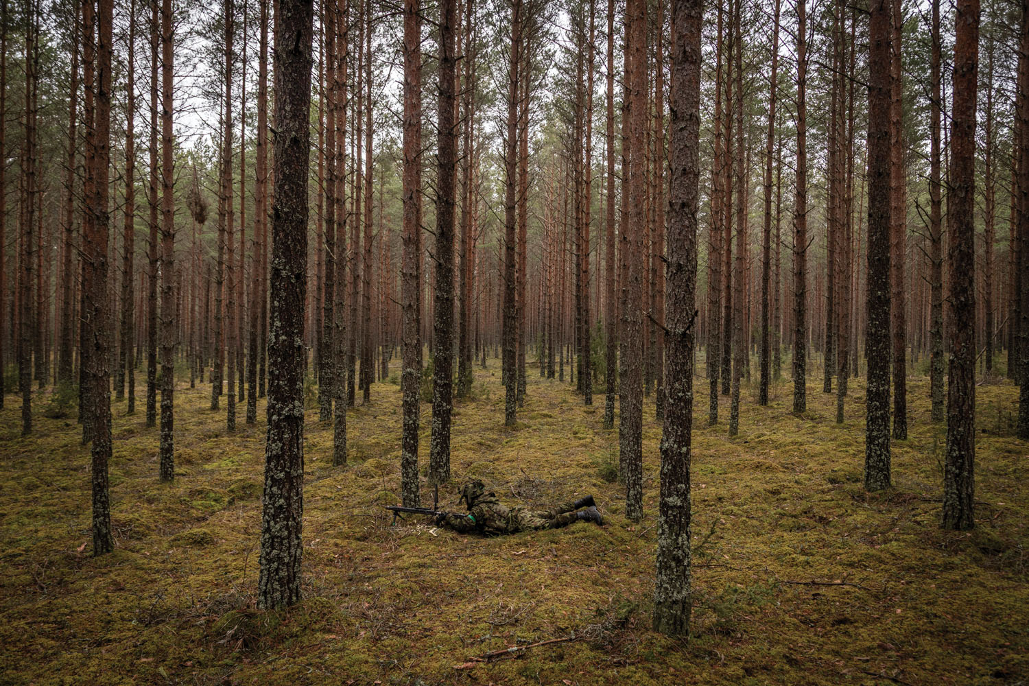 Conscripts of the Kalev Infantry Battalion during a training exercise in the forest near the Russian border. Võru, Estonia, March 2025.