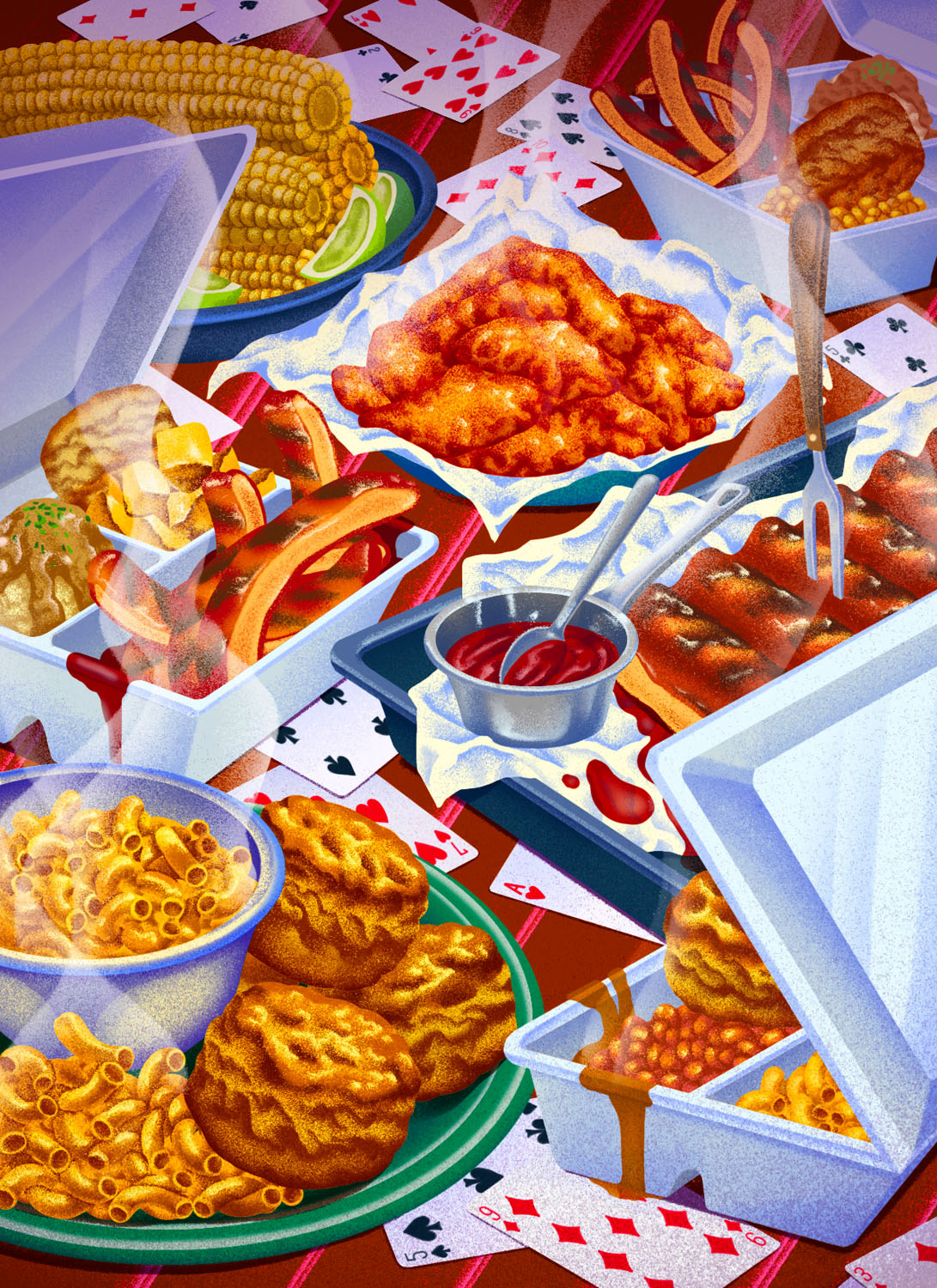 Digital illustration of a table of classic southern food
