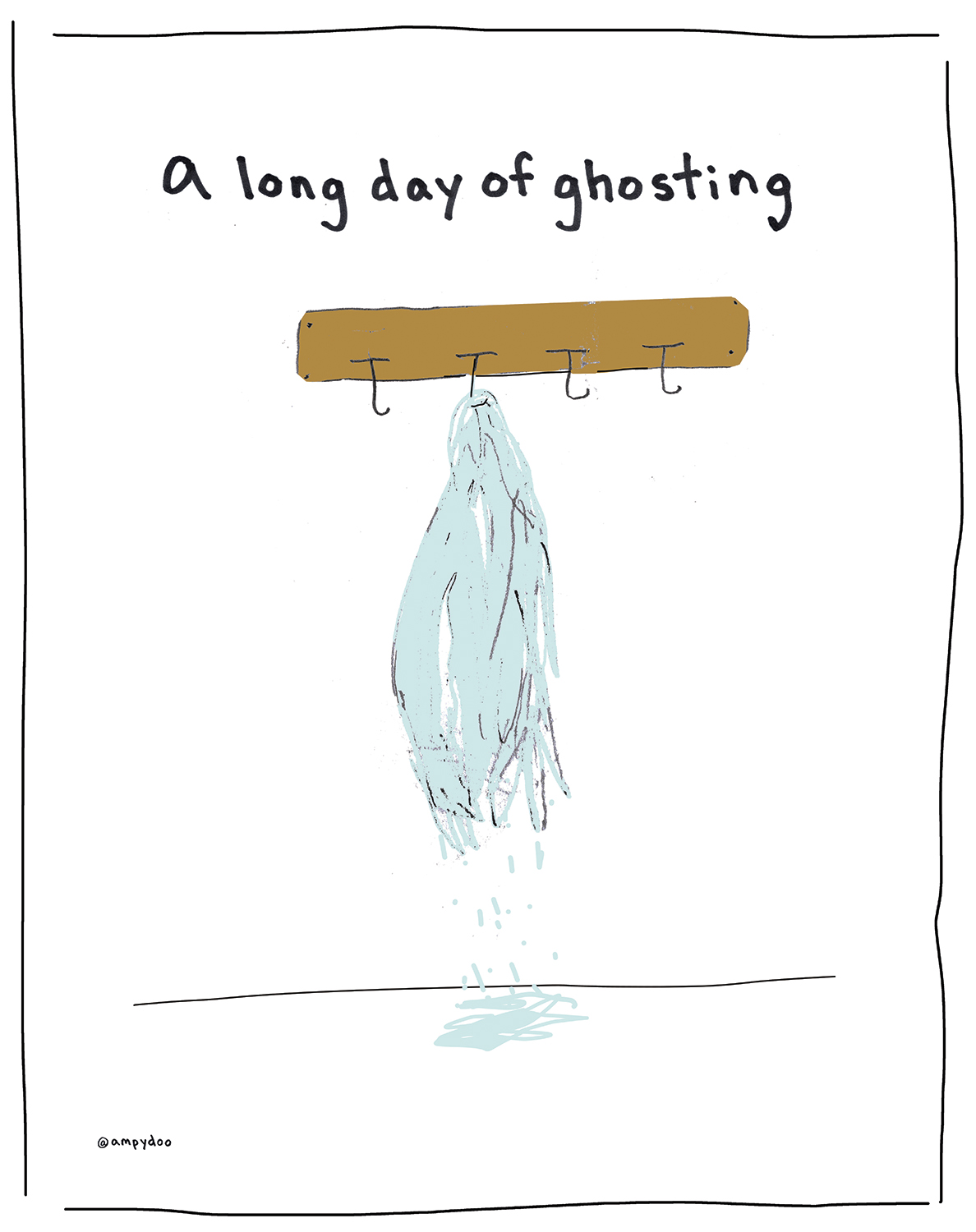 Comic reads "a long day of ghosting" with blue fabric hanging on coat rack