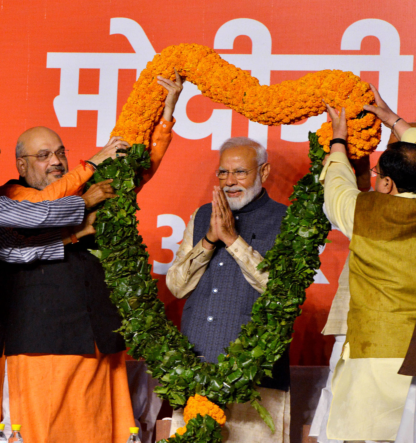 Indian Prime Minister Narendra Modi (C) celebrates his reelection. New Delhi, India. May 23, 2019. Xinhua Xinhua/eyevine/Redux 