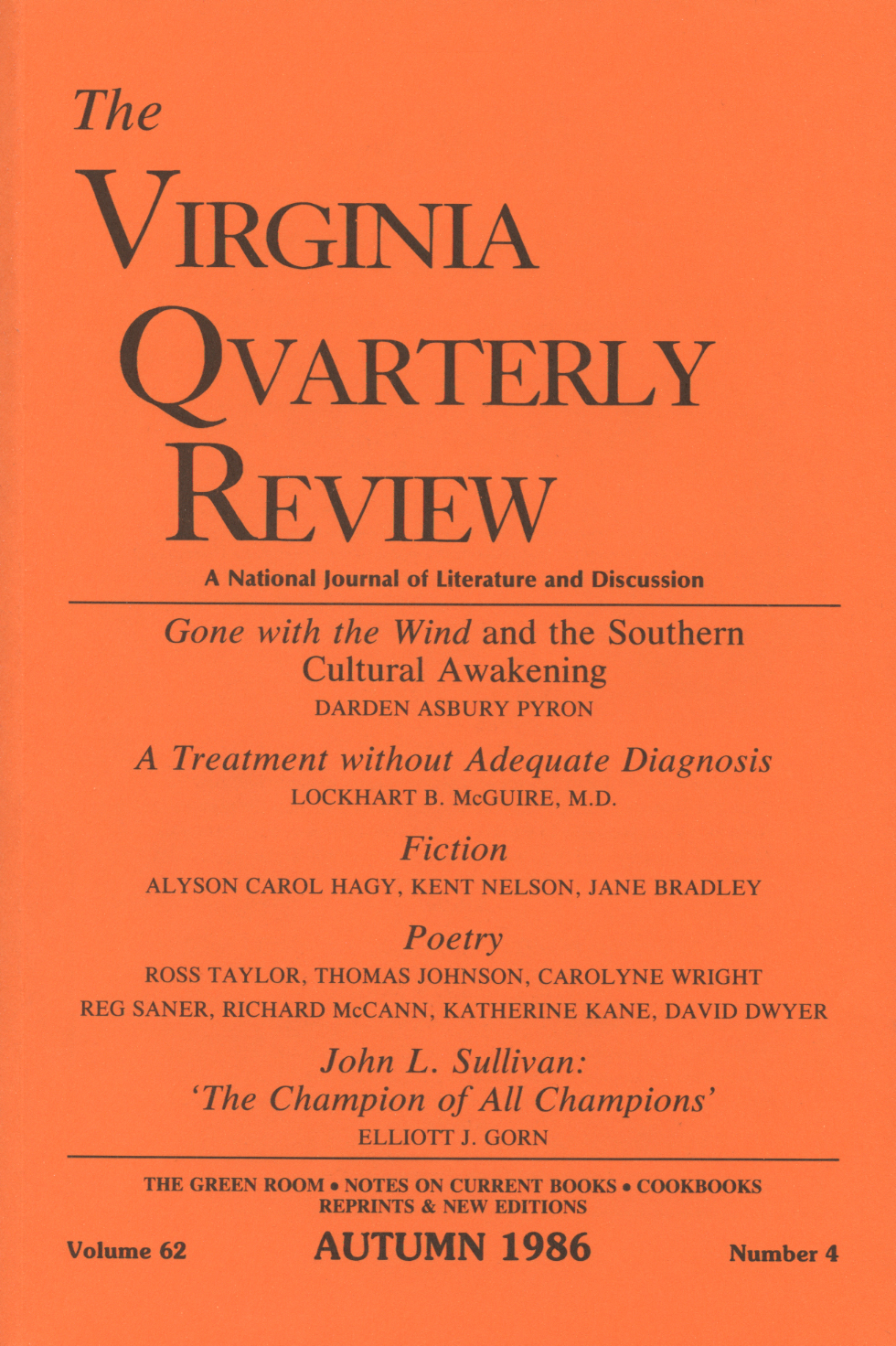 Virginia Quarterly Review, Autumn 1986 cover