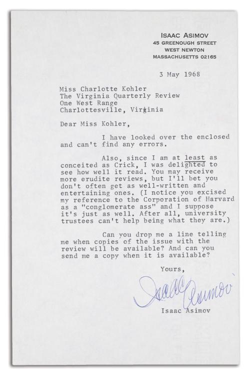 Isaac Asimov type written letter to VQR Editor Charlotte Kohler.