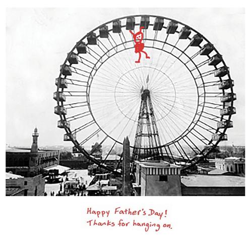 vintage photo of ferris wheel with handrawn figure hanging on