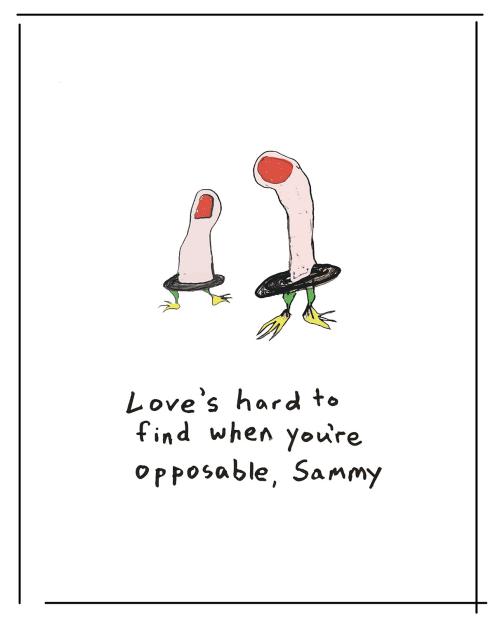 Two thumb comic in color with fair skin and red nails