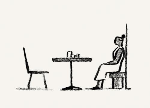 Illustration of woman sitting at booth with empty seat across.