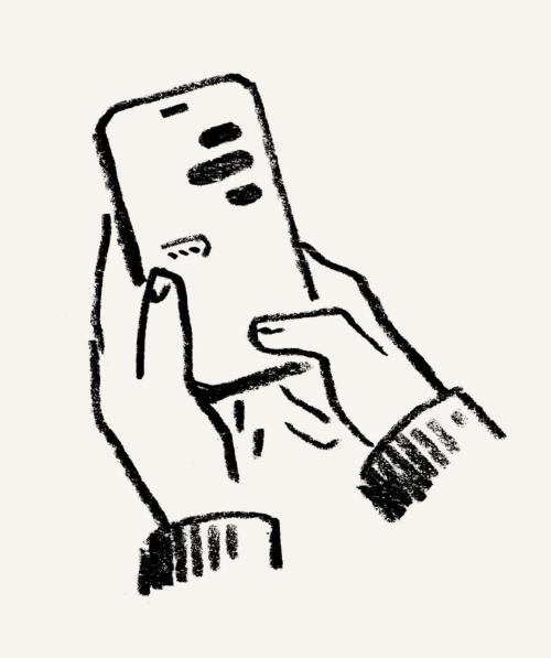 Illustration of hands texting on iPhone-style phone.
