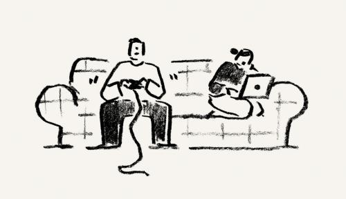 Illustration of man playing video games and woman curled up with laptop, both on a couch.