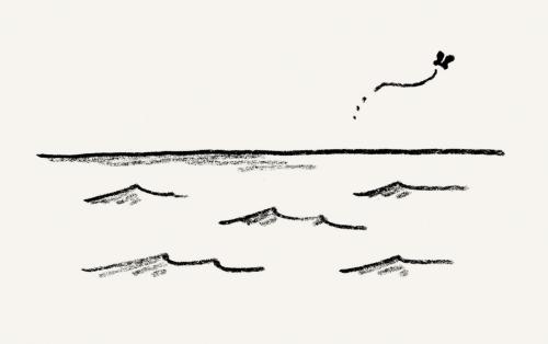 Illustration of butterfly flying over waves.