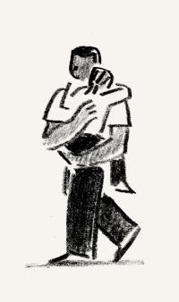 Illustration of man holding child to chest.