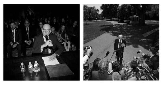 LEFT: Russell Vought Director of the Office of Management and Budget at a US Senate Hearing. Washington, DC, 2025. RIGHT: President Trump holding a Gulf of America hat on the South Lawn of the White House. Washington, DC, 2025.