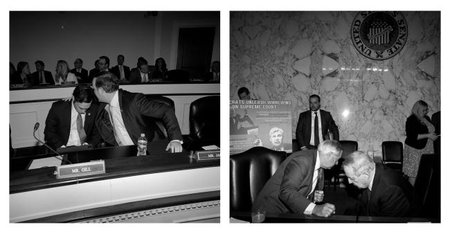 Diptych of two men whispering to each other in each image.