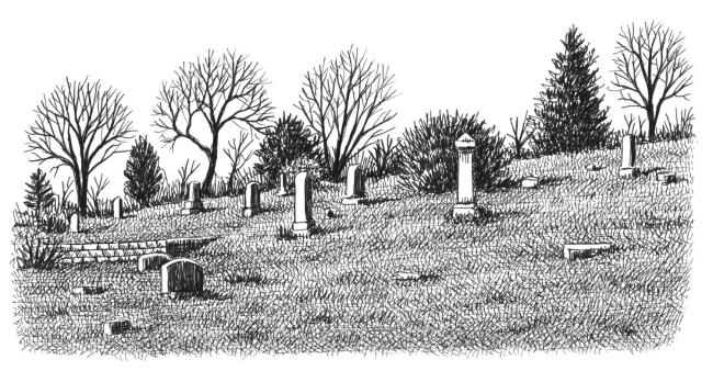 Drawing of hillside graveyard by Landis Blair.